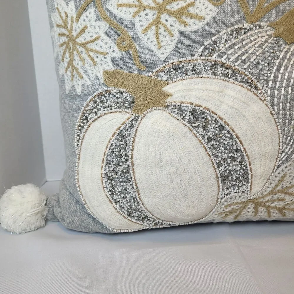 Magaschoni Home Pumpkin Fall Harvest Gray Throw Pillow County Chic Beaded 17